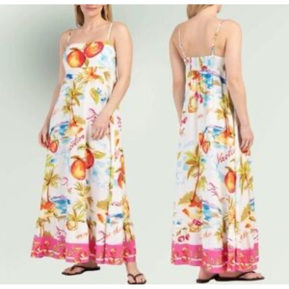 Label of Love Maxi Dress Medium Linen Blend Tropical Vacation Resort‎ Fruit - Picture 1 of 8